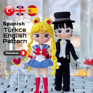 Op de afbeelding: Haak amigurumi patroon voor Sailor Moon en Tuxedo Mask. Het patroon is beschikbaar in het Spaans, Turks en Engels. Download het patroon vandaag nog.