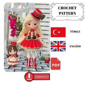 May include: A crochet pattern image featuring two dolls dressed in red and gold outfits, complete with matching hats and boots. The larger doll has blonde hair, while the smaller doll has brown hair. The image includes the text "CROCHET PATTERN" and a download button.