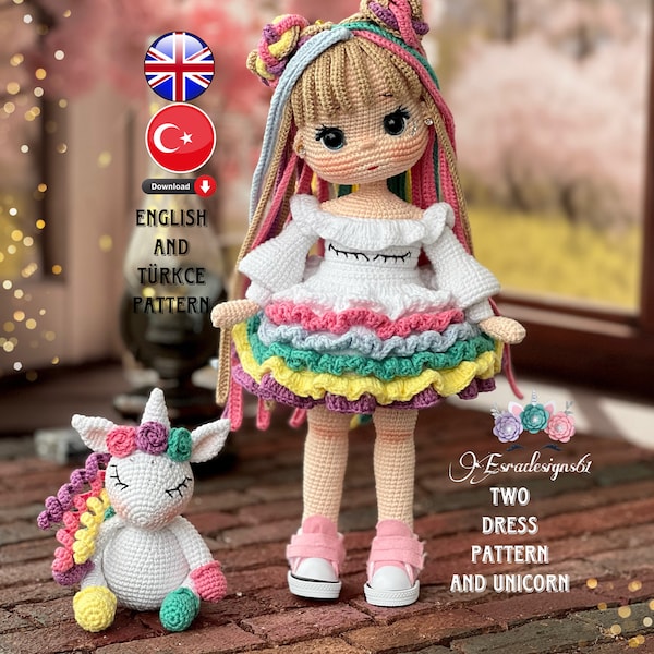 Modello bambola e torta Lila, modello inglese, modello a due vestiti