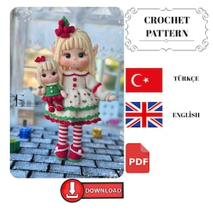 Op de afbeelding: Een gehaakte pop met blond haar, elfenoren en een rode bloem als haaraccessoire, die een kleinere pop vasthoudt. De poppen dragen witte jurken met rode en groene accenten. De afbeelding bevat de tekst "CROCHET PATTERN" en een "DOWNLOAD"-knop.
