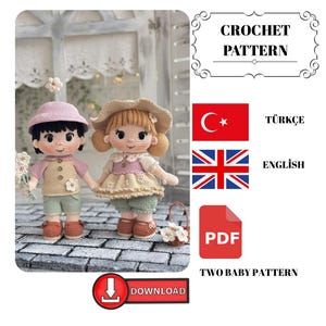 Pode incluir: Duas bonecas de bebê de crochê, uma usando um chapéu rosa e a outra um chapéu de sol, de mãos dadas. As bonecas estão vestidas com cores pastel. A imagem inclui o texto "CROCHET PATTERN", "ENGLISH" e "TWO BABY PATTERN".