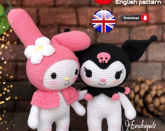 Kitty frends  pattern ,Pink bunny and black bunny english pattern