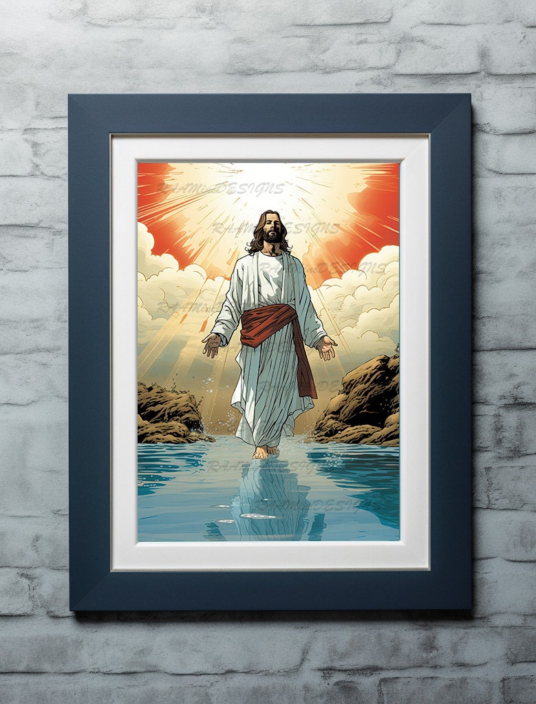 Jesus Walking on Water Poster Painting Print Bible Verse Wall Art Gift ...