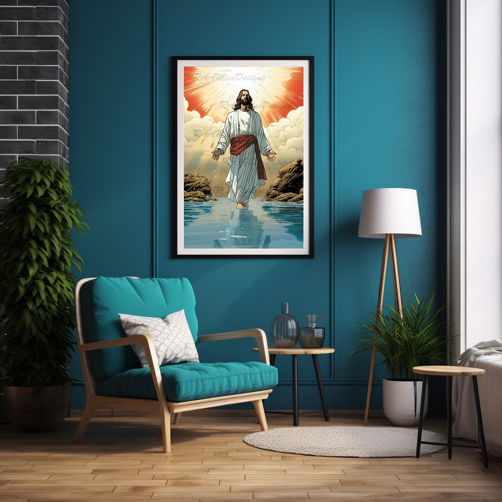 Jesus Walking on Water Poster Painting Print Bible Verse Wall Art Gift ...