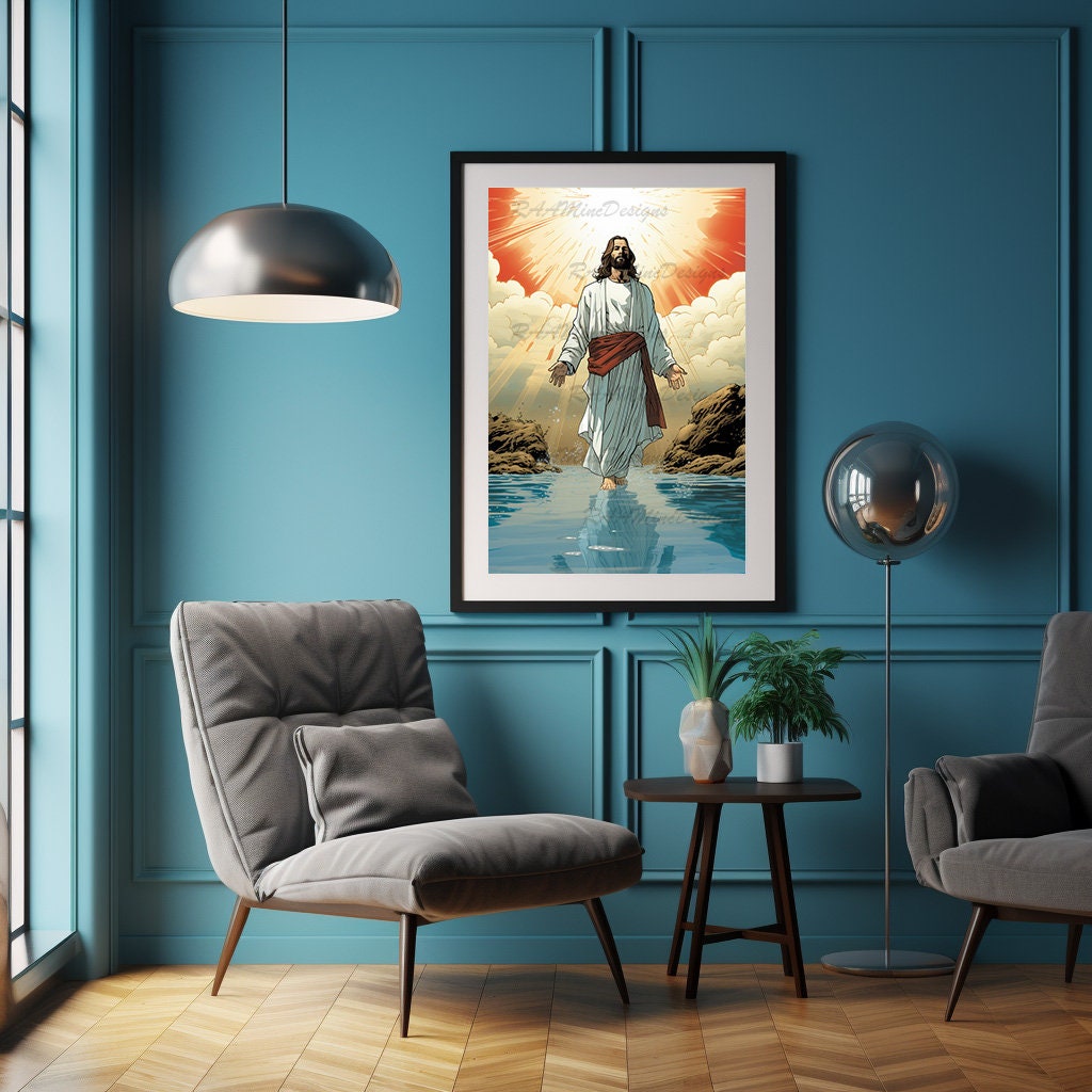 Jesus Walking on Water Poster Painting Print Bible Verse Wall Art Gift ...