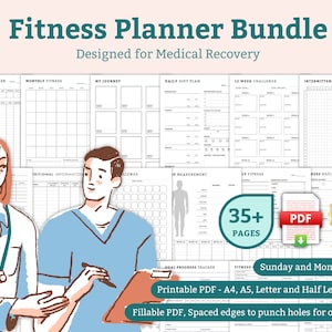 Pode incluir: Um pacote de planejadores de fitness imprimíveis, projetado para recuperação médica. O pacote inclui mais de 35 páginas de documentos PDF imprimíveis, incluindo rastreadores de medidas, registros de fitness mensais, planos de dieta diários, desafios de 12 semanas, rastreadores de jejum intermitente e muito mais. O pacote é feito por médicos e está disponível nos tamanhos A4, A5, Letter e Half Letter. As páginas têm bordas espaçadas para perfurar furos para um organizador.