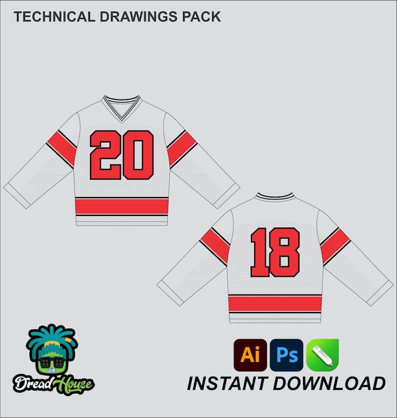 Long Sleeve Mesh Jersey Mock up Editable 2D Tech pack Streetwear Clothing Vector template Wide fit Adobe Illustrator, PNG, SVG, PDF,cdr File