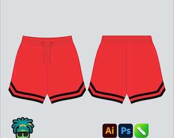 Maqueta de pantalones cortos para correr para hombre, paquete tecnológico 2D editable, plantilla de marca de ropa urbana, corte ancho, archivos Adobe Illustrator, PNG, SVG, PDF, CDR