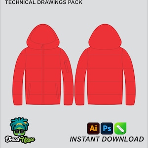 Pufferjack jas mock-up bewerkbaar 2D Tech pack Streetwear kleding vector sjabloon Brede pasvorm Adobe Illustrator, PNG, SVG, PDF, cdr-bestanden