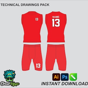May include: Technical drawings pack for a red sleeveless jersey and shorts with the number 13 on the front and back. The jersey has the word "NAME" above the number.