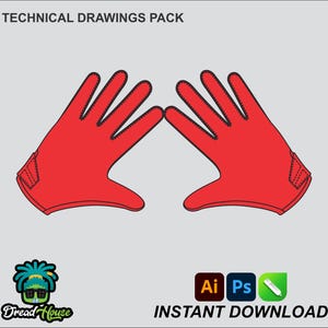 Op de afbeelding: Een technisch tekenpakket met twee rode handschoenen met zwarte stiksels. De handschoenen worden getoond met de handpalmen naar buiten. De tekst "TECHNICAL DRAWINGS PACK" staat bovenaan de afbeelding. De tekst "INSTANT DOWNLOAD" staat onderaan de afbeelding. De tekst "Dread House" staat linksonder in de afbeelding. De tekst "Ai Ps" staat rechtsonder in de afbeelding.
