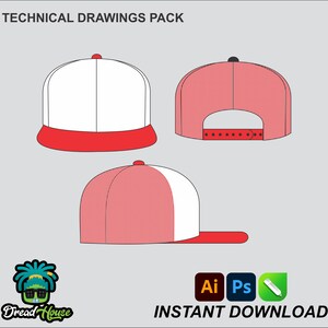 May include: Technical drawings pack of a red and white baseball cap. The cap has a mesh back and a flat brim. The drawings show the front, back, and side views of the cap.