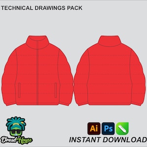 Könnte beinhalten: Technisches Zeichnungspaket einer roten Steppjacke. Die Jacke hat einen Reißverschluss und einen hohen Kragen. Das Bild zeigt die Vorder- und Rückseite der Jacke.