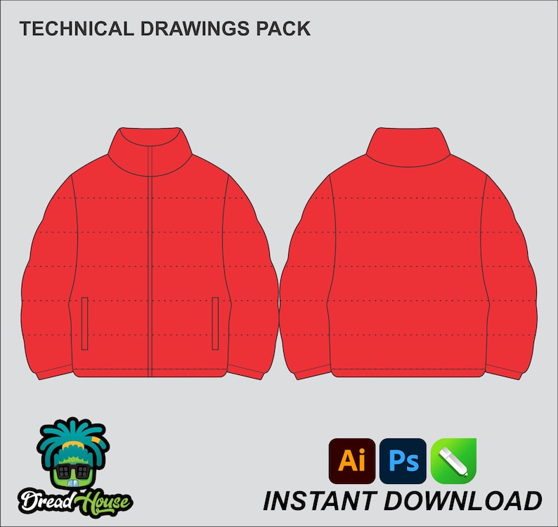Puffer Jacket Mock up Editable 2D Tech Pack Streetwear Clothing Vector ...