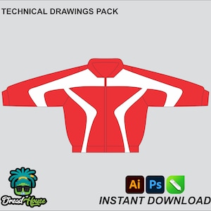 May include: Technical drawing of a red and white jacket with a zipper. The jacket has a white design on the front and sleeves. The text "INSTANT DOWNLOAD" is at the bottom of the image.