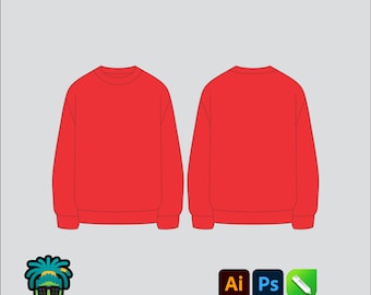 Pullover Sweater Mock up Editable 2D Tech pack Streetwear Clothing Vector template Wide fit Adobe Illustrator, PNG, SVG, PDF, cdr Files