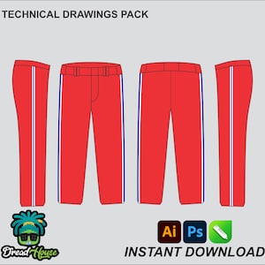 Puede incluir: Paquete de dibujos técnicos de pantalones rojos con rayas laterales blancas y azules. Los pantalones tienen cinturón y cierre frontal. El texto "TECHNICAL DRAWINGS PACK" y "INSTANT DOWNLOAD" está incluido.