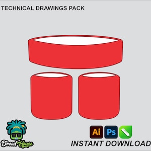 Może przedstawiać: Trzy czerwone cylindryczne kształty, jeden większy i dwa mniejsze, z białymi wierzchołkami. Większy kształt znajduje się na górze, a dwa mniejsze poniżej. Obrazek jest oznaczony jako "TECHNICAL DRAWINGS PACK" u góry i "INSTANT DOWNLOAD" na dole.