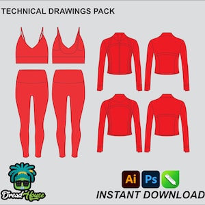 May include: Red technical drawings pack featuring a sports bra, leggings, and two styles of jackets. The text "TECHNICAL DRAWINGS PACK" and "INSTANT DOWNLOAD" are displayed. The image also includes the logos for Adobe Illustrator, Photoshop, and a pen.