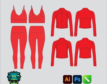 Bra Set and Jackets Mock up Editable 2D Mbl Tech pack Streetwear Clothing Vector template Wide fit Adobe Illustrator, PNG, PDF,cdr Files
