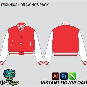 Puede incluir: Paquete de dibujos técnicos de una chaqueta de béisbol roja y blanca. La chaqueta tiene cierre de botones, un bolsillo en el lado izquierdo y una banda rayada en la parte inferior. La imagen muestra las vistas frontal y posterior de la chaqueta.