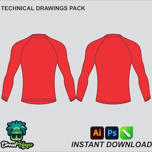 Op de afbeelding: Technisch tekenpakket van een rood shirt met lange mouwen. Het shirt wordt van voren en achteren getoond. De afbeelding bevat de tekst "Technical Drawings Pack" en "Instant Download".