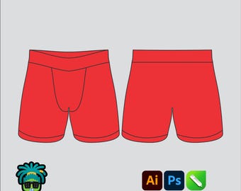 Maqueta de bóxer para hombre, paquete tecnológico 2D editable, plantilla vectorial de ropa urbana, corte ancho, archivos Adobe Illustrator, PNG, SVG, PDF, CDR