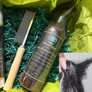 May include: A set of hair care products for dreadlocks, including a spray, a cream, and a comb. The products are in black bottles with labels that read "Dread House" and "Lee Removal". The comb has a wooden handle.