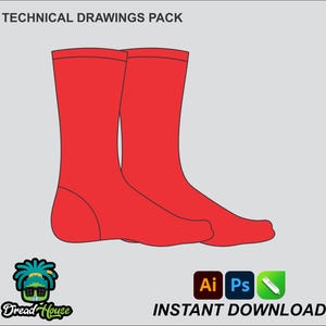 May include: Technical drawings pack of two red socks. The socks are shown from the side, with the toes pointing to the right. The socks are a simple design with no embellishments.