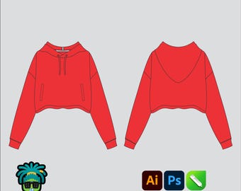 Maqueta de sudadera con capucha corta, corte holgado y ancho, editable en 2D, paquete tecnológico, ropa urbana, plantilla vectorial, archivos Adobe Illustrator, PNG, SVG, PDF, CDR