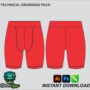May include: Technical drawings pack of red shorts with black outlines. The shorts are shown from the front and back. The image includes the text "TECHNICAL DRAWINGS PACK" and "INSTANT DOWNLOAD".