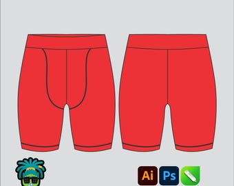 Maqueta de pantalones cortos de compresión para hombre, paquete tecnológico 2D editable, plantilla de marca de ropa urbana, corte ancho, archivos Adobe Illustrator, PNG, SVG, PDF, CDR