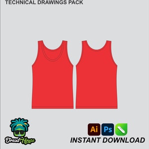 May include: Technical drawings pack of a red tank top, front and back views.  The image includes the text "INSTANT DOWNLOAD" and icons for Adobe Illustrator, Photoshop, and a pencil.