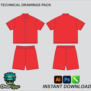 May include: Technical drawings pack of a red shirt and shorts. The shirt has a zipper and collar. The shorts have a waistband. The image includes the text "INSTANT DOWNLOAD" and icons for Adobe Illustrator, Photoshop, and a pencil.