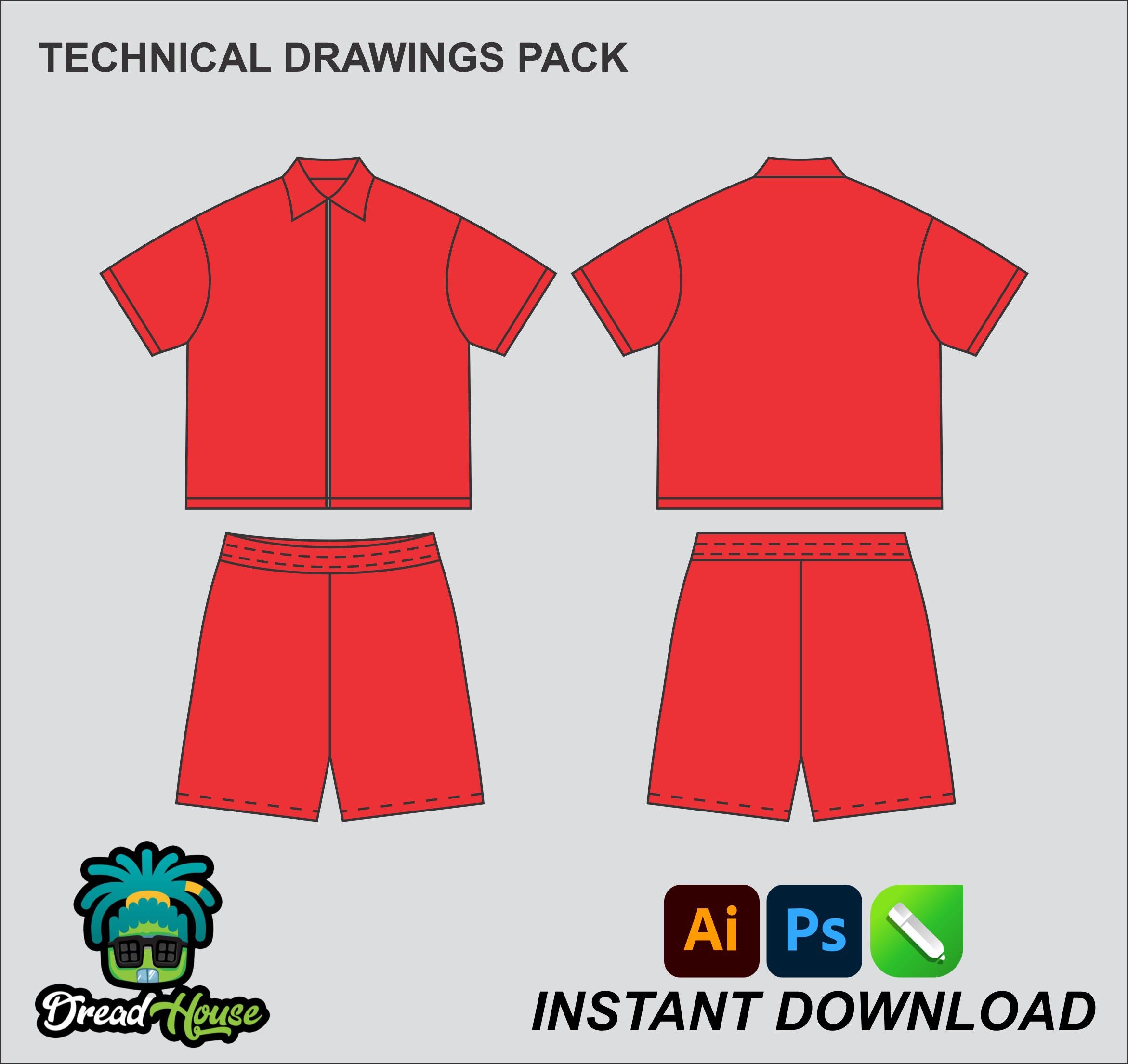 Boxy Fit Short Set Mock up Editable 2D Tech Pack Streetwear