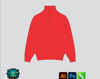Maqueta de suéter con cierre de un cuarto, paquete tecnológico 2D editable, ropa de calle, plantilla vectorial, corte ancho, archivos Adobe Illustrator, PNG, SVG, PDF, cdr