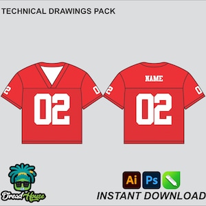 May include: Technical drawings pack for a red football jersey with the number 02 on the front and back. The jersey has a v-neck and short sleeves. The text "NAME" is on the back of the jersey above the number.