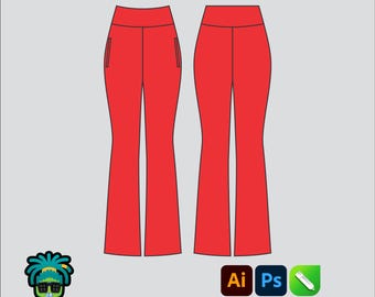 Flared Yoga Pants Mock up Editable 2D Tech pack Streetwear Clothing Brand template Wide fit Adobe Illustrator, PNG, SVG, PDF,cdr Files