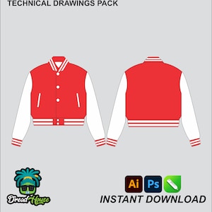 Puede incluir: Paquete de dibujos técnicos de una chaqueta de béisbol roja y blanca con cierre de botones. La chaqueta se muestra desde el frente y la espalda. La imagen incluye el texto "Technical Drawings Pack" y "Descarga instantánea".