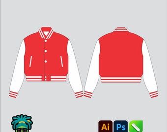 Maqueta de chaqueta universitaria corta, paquete tecnológico 2D editable, plantilla vectorial de ropa urbana, corte ancho, archivos Adobe Illustrator, PNG, SVG, PDF, CDR