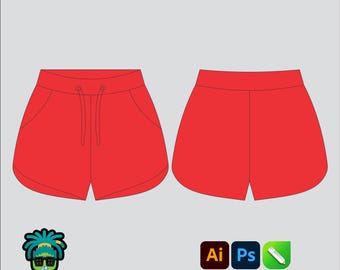 Ladies Booty Shorts Mock up Editable 2D Tech pack Streetwear Clothing Brand template Wide fit Adobe Illustrator, PNG, SVG, PDF,cdr Files