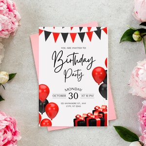 Sofisticada invitación de cumpleaños pintada en rojo y negro Tarjeta de cumpleaños editable PNG PDF
