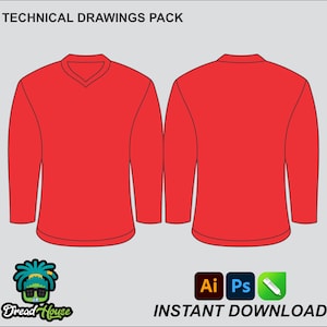May include: Technical drawings pack of a red long-sleeved shirt with a v-neck. The shirt is shown from the front and back. The text "INSTANT DOWNLOAD" is at the bottom of the image.