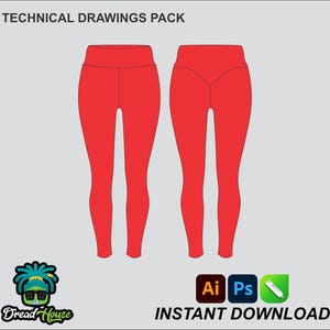 Può includere: Pacchetto di disegni tecnici per leggings. L'immagine mostra una vista frontale e posteriore di leggings rossi a vita alta.