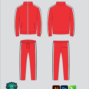 Puede incluir: Paquete de dibujos técnicos de un chándal rojo con rayas blancas. El chándal incluye una chaqueta con cremallera y un pantalón. Los dibujos están en formato vectorial y se pueden editar en Adobe Illustrator, Photoshop u otro software de edición vectorial.