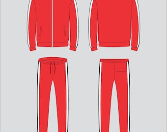 Athletic Track Sweat Suit Mock up Editable 2D Tech pack Streetwear Clothing Vector template No Hood Adobe Illustrator PNG SVG PDF cdr Files