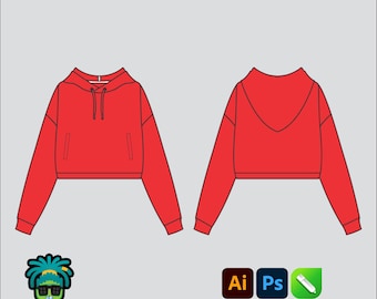 Maqueta de sudadera con capucha corta, editable, 2D, Mbl, paquete tecnológico, ropa de calle, plantilla vectorial, corte ancho, archivos Adobe Illustrator, PNG, SVG, PDF, CDR