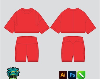 Ladies Gym Short Set Mock up Editable 2D Mbl Tech pack Streetwear Clothing Vector template Wide fit Adobe Illustrator, PNG, PDF, cdr Files