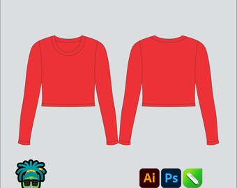 Long Sleeve Seamless Croptop Shirt Mock up Editable 2D Tech pack Streetwear Clothing Brand template  Ai, PNG, SVG, PDF,cdr Files