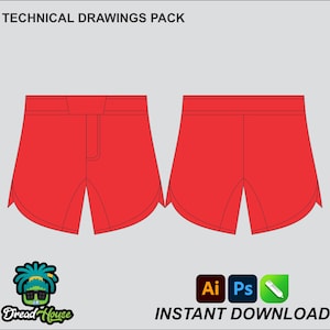 Op de afbeelding: Technische tekeningenpakket met twee rode sportbroeken. De shorts hebben een split-beenontwerp en een tailleband. De afbeelding bevat de tekst "TECHNICAL DRAWINGS PACK" en "INSTANT DOWNLOAD".